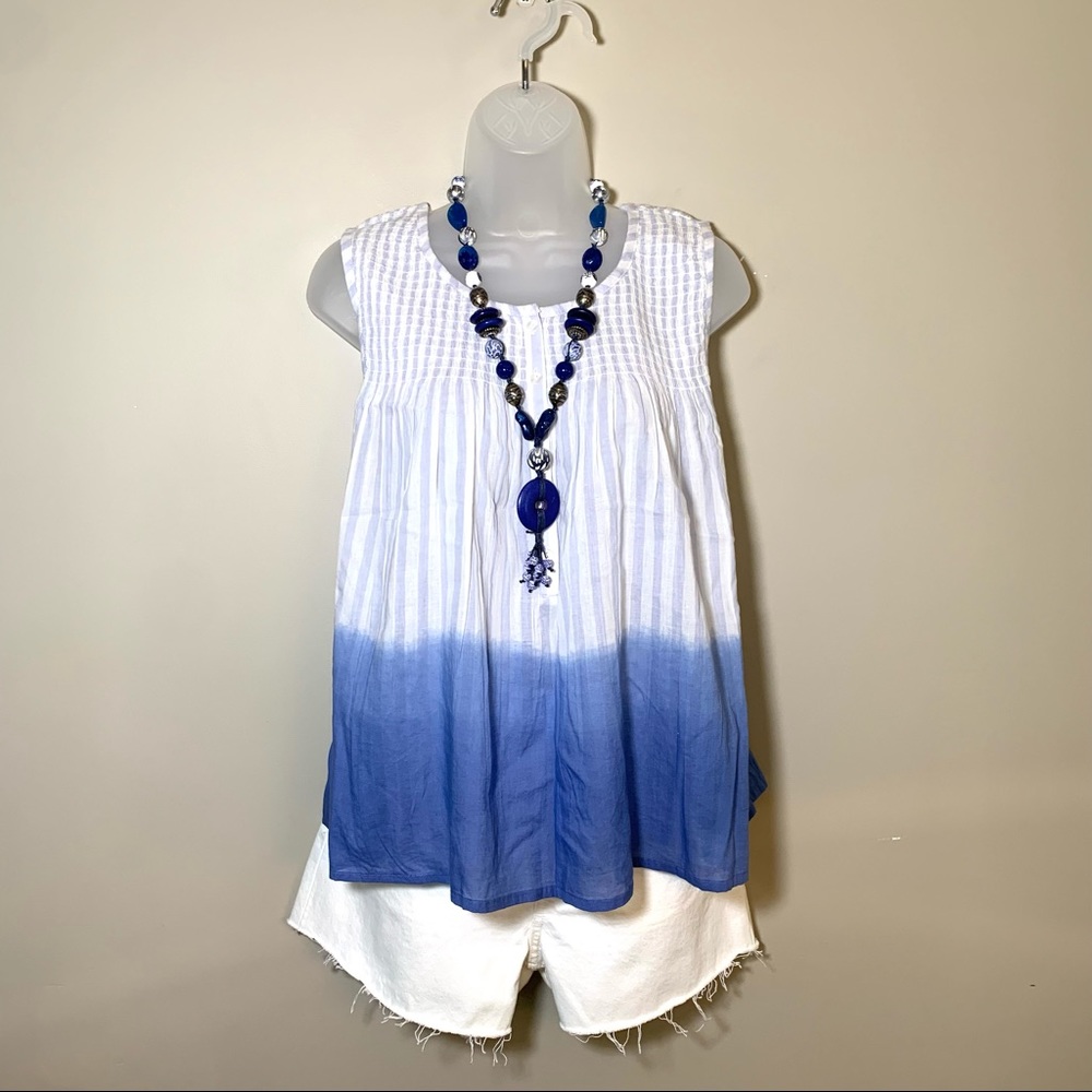 JW Style Smocked Ombré Sleeveless Blouse White Blue Cotton NWT Peasant Top